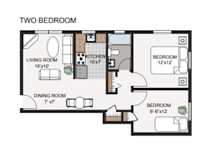 A floor plan of a two bedroom apartment with a living room, dining room, kitchen, and two bedrooms.
