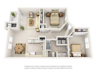 A 3D rendered image of a modern apartment layout.