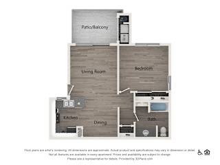 A floor plan of an apartment with a living room, dining room, kitchen, bedroom, bathroom and a patio/balcony.