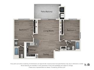 A 3D floor plan of a small apartment with a living room, dining area, kitchen, two bedrooms, and a bathroom.