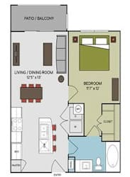 A floor plan of a small apartment with a living room, bedroom, and bathroom.