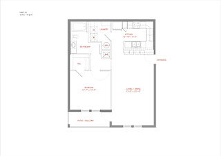 A floor plan of a small apartment with a living room, kitchen, bathroom, and two bedrooms.