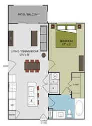 A floor plan of a home with a living room, dining room, bedroom, and bathroom.
