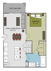 A floor plan of a home with a living room, dining room, kitchen, and bedroom.