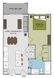 A floor plan of a small apartment with a living room, dining room, kitchen, and bedroom.