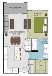 A floor plan of a small apartment with a living room, dining room, kitchen, and bedroom.