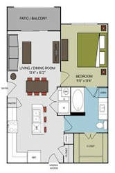 A floor plan of a two bedroom apartment with a living room and a dining room.