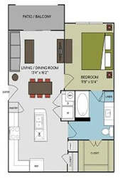 A floor plan of a living space with a bedroom, bathroom, and kitchen.