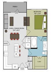 A floor plan of a house with a porch, bedroom, living/dining room, kitchen, and closet.