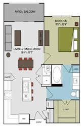 A floor plan of a small apartment with a living room, dining room, kitchen, and bathroom.
