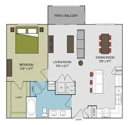 A floor plan of a home with a living room, dining room, bedroom, and bathroom.