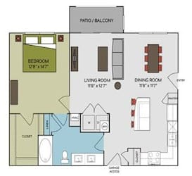 A floor plan of a house with a bedroom, living room, dining room, and garage access.