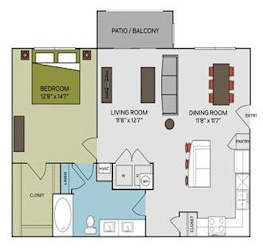 A floor plan of a home with a bedroom, living room, dining room, and bathroom.