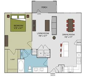 A floor plan of a house with a porch, living room, dining room, and bedroom.