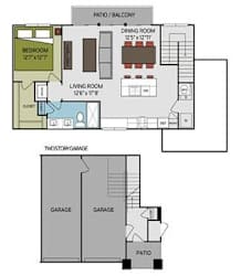 A floor plan of a two-story house with a garage on the first floor and a living area on the second floor.