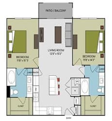 A floor plan of a two bedroom apartment with a living room and a balcony.