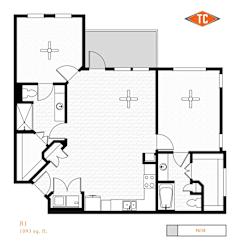A black and white floor plan of a property labeled B1, 1093 sq. ft.