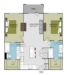 A floor plan of a house with three bedrooms and a living room.