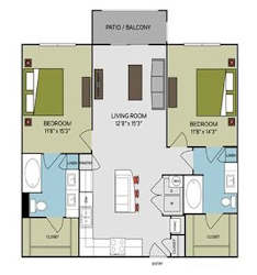 A floor plan of a two-bedroom apartment with a living room, patio, and closets.