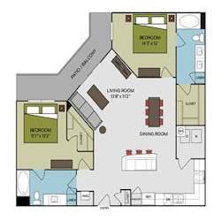 A floor plan of a house with a living room, dining room, and two bedrooms.