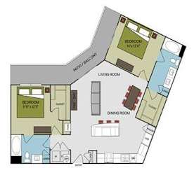 A floor plan of an apartment with two bedrooms, a living room, a dining room, and a kitchen.