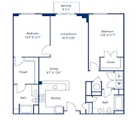 A blueprint of a house layout with a balcony, two bedrooms, a living room, a dining area, a kitchen, two bathrooms, and two closets.