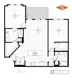 A floor plan of a building with a labeled patio.