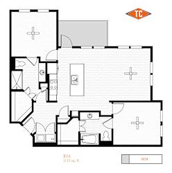 A black and white image of a house floor plan with a patio.