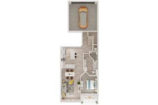 A top down view of a house with a car parked in the garage.