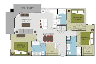 A floor plan of an apartment with a living room, dining room, kitchen, and three bedrooms.