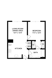 A floor plan of a small apartment with a living room, dining area, kitchen, bedroom, and bathroom.