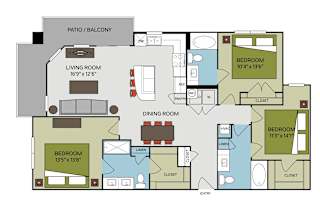 A floor plan of an apartment with a living room, dining room, and two bedrooms.