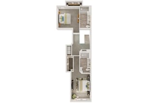 A floor plan of a house with a kitchen, living room, and two bedrooms.