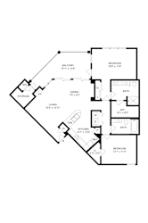 A floor plan of a house with a living room, dining room, kitchen, two bedrooms and a storage area.
