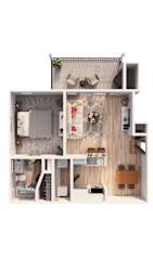 A top-down view of a small apartment with a kitchen, living room, and bedroom.