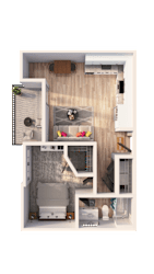 A top-down view of a small, neatly organized apartment with a kitchen, living room, and bathroom.