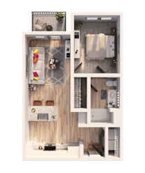 A top-down view of a small apartment with a kitchen, living room, and bathroom.
