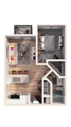 A detailed 3D floor plan of a small apartment layout.