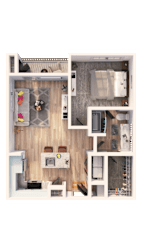 A top-down view of a small apartment with a kitchen, living room, and bathroom.