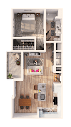 A top-down view of a small apartment with a kitchen, living room, and bathroom.