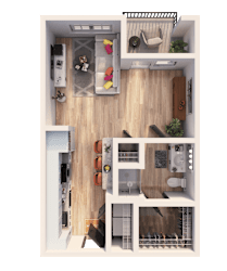 A 3D floor plan of a small apartment with a kitchen, living room, and bathroom.