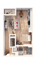 A top-down view of a small apartment with a living room, kitchen, and bathroom.