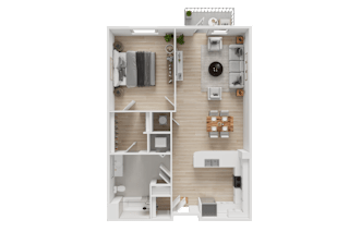 A top-down view of a small apartment layout with a kitchen, living room, and bedroom.