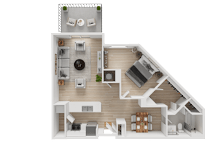 A 3D floor plan of a house with a living room, kitchen, dining room, and two bedrooms.