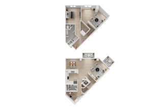 Two floor plan images of a house with a kitchen, living room, bedrooms and bathrooms.