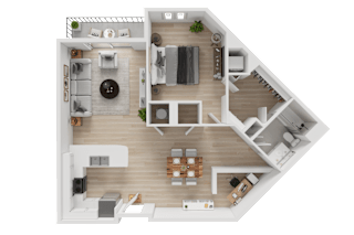 A top-down view of a house layout with a kitchen, living room, and bedrooms.