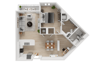 A top-down view of a modern apartment layout with a kitchen, living room, and bedrooms.