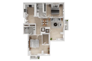 A top-down view of a house layout with a kitchen, living room, and two bedrooms.