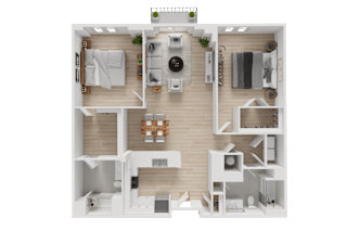 A top-down view of a modern apartment layout with a kitchen, living room, and bedrooms.