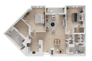 A top-down view of a house floor plan with a kitchen, living room, and bedrooms.